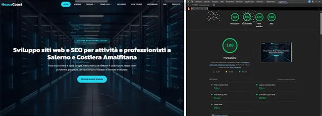 Punteggio Google Lighthouse massimo con 100 per cento in prestazioni e SEO per siti internet in Costiera Amalfitana