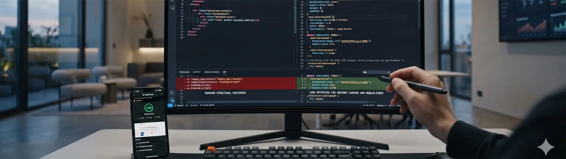 Sviluppatore web frontend a Salerno che ottimizza codice HTML e CSS su monitor desktop curvo.