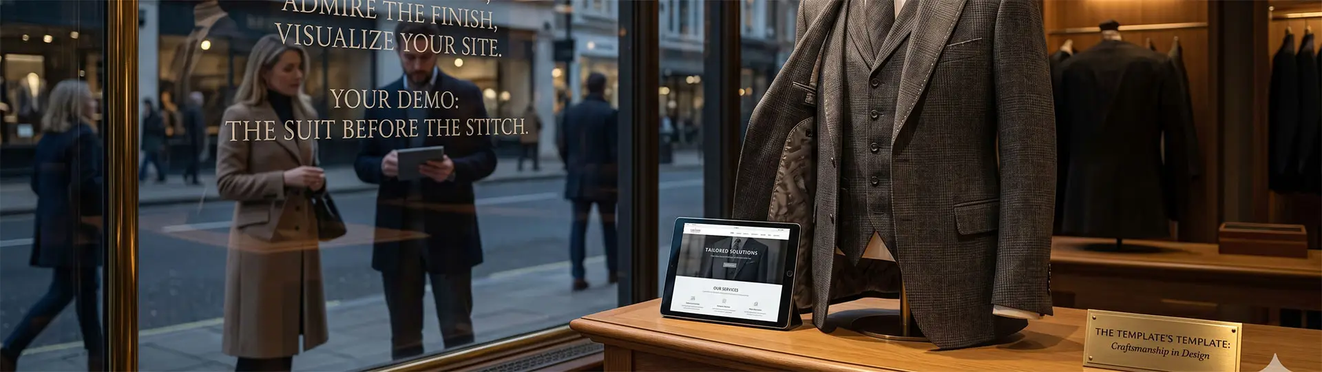 Tablet con mockup responsive di un sito web davanti alla vetrina di una sartoria a Salerno.